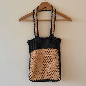 Zara Contrast Woven Natural Black Tote Bag
